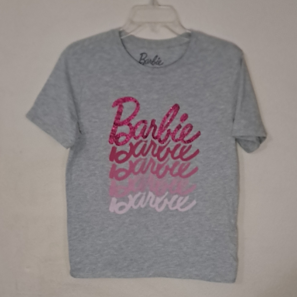 Barbie Women's Size Small Gray Tee with Pink Gradient Logo